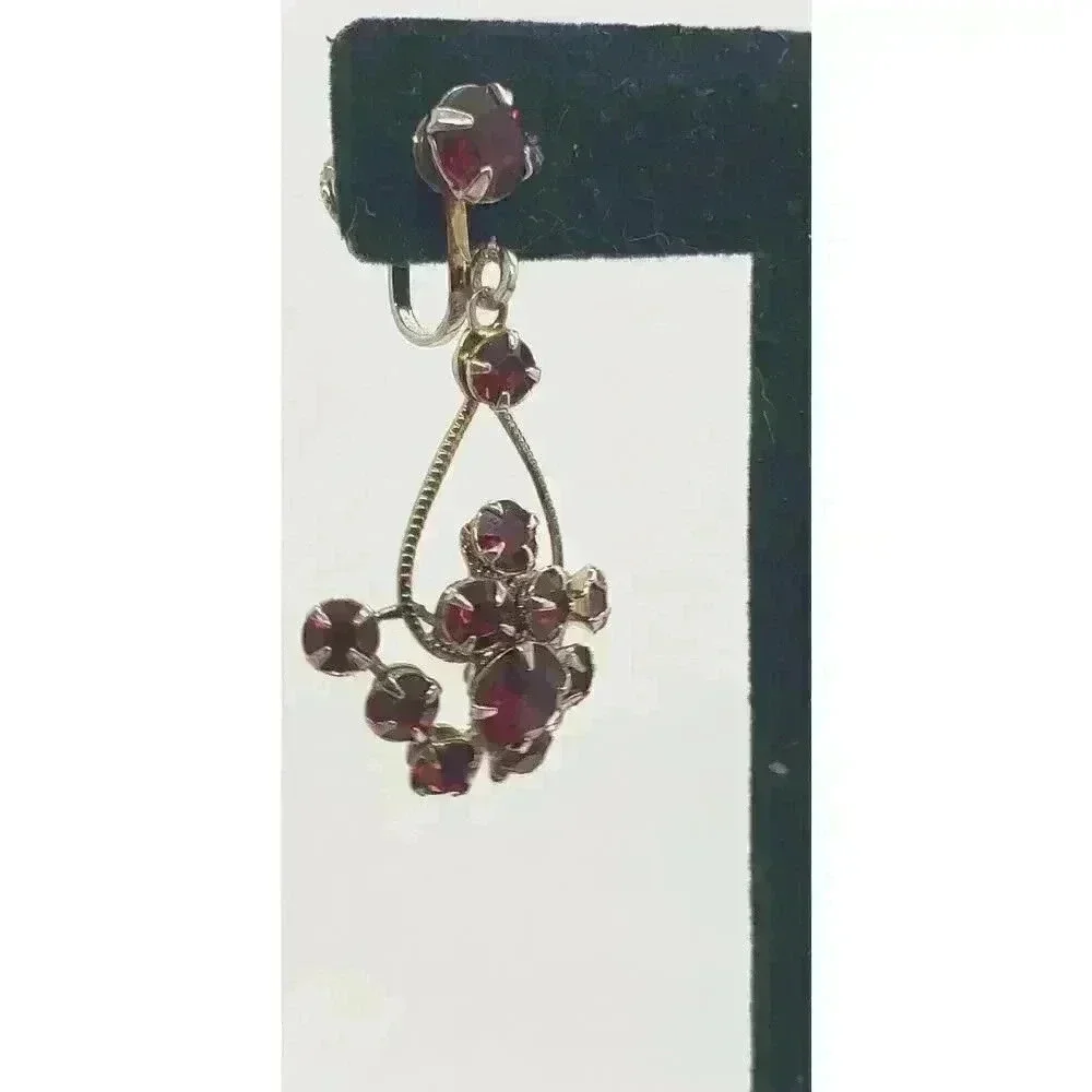 Earrings Cherry Red Long Dangle cluster Rhinestone Vintage Screw Chandelier